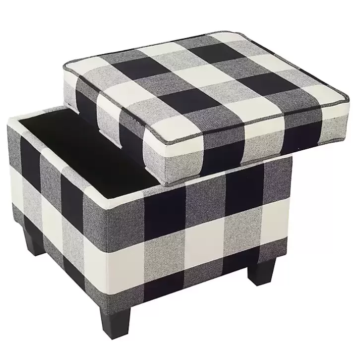 Discount Cream Buffalo Plaid Upholstered Storage Ottoman Benches & Ottomans