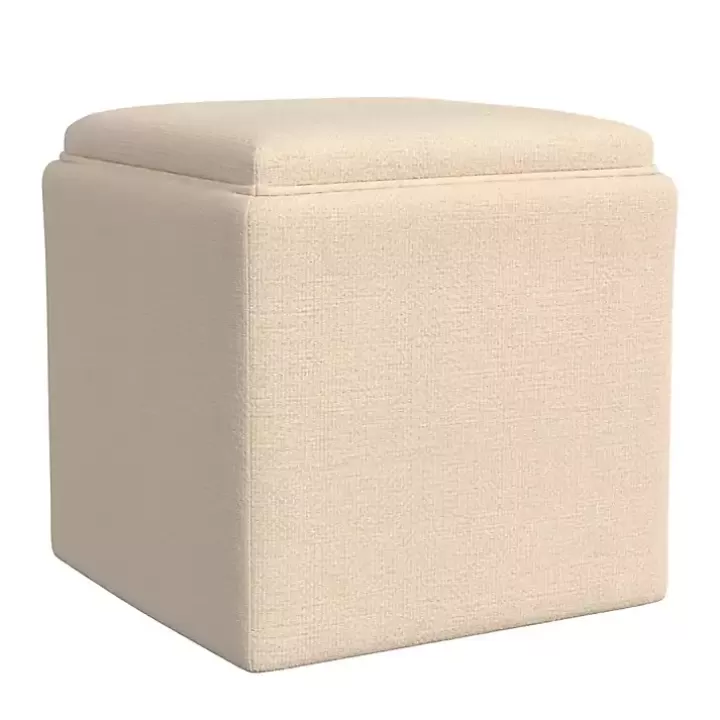 Store Cream Upholstered Storage Ottoman with Tray Top Benches & Ottomans