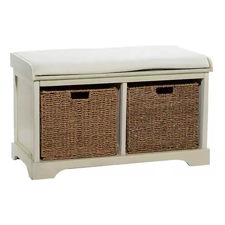 Store Cream Wood Bench with Storage Baskets Entryway Furniture