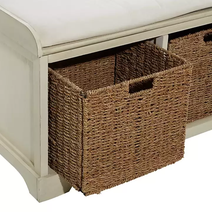 Store Cream Wood Bench with Storage Baskets Entryway Furniture