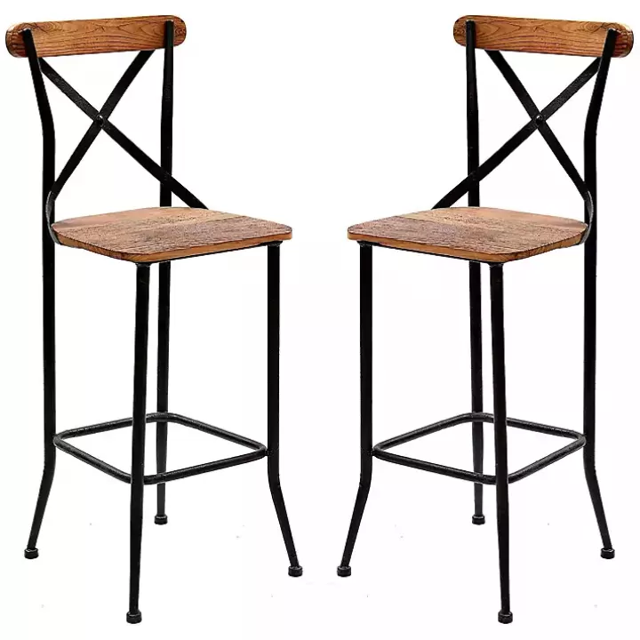 New Dark Bronze and Pine Wood Bar Stools, Set of 2 Bar Stools & Counter Height Stools