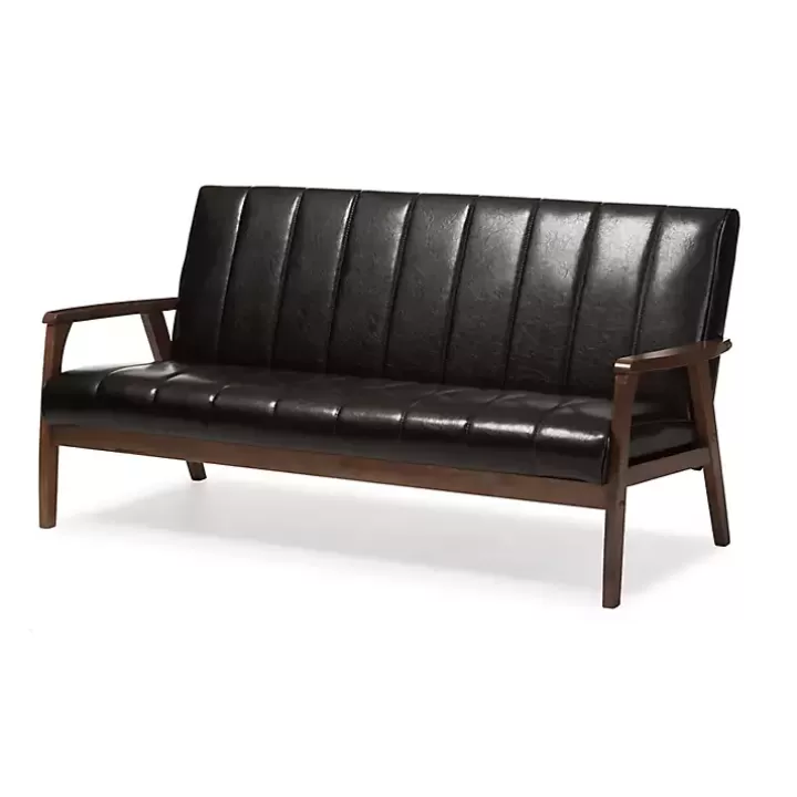 Best Sale Dark Faux Leather Channel Sofa, 63 in. Sofas & Loveseats