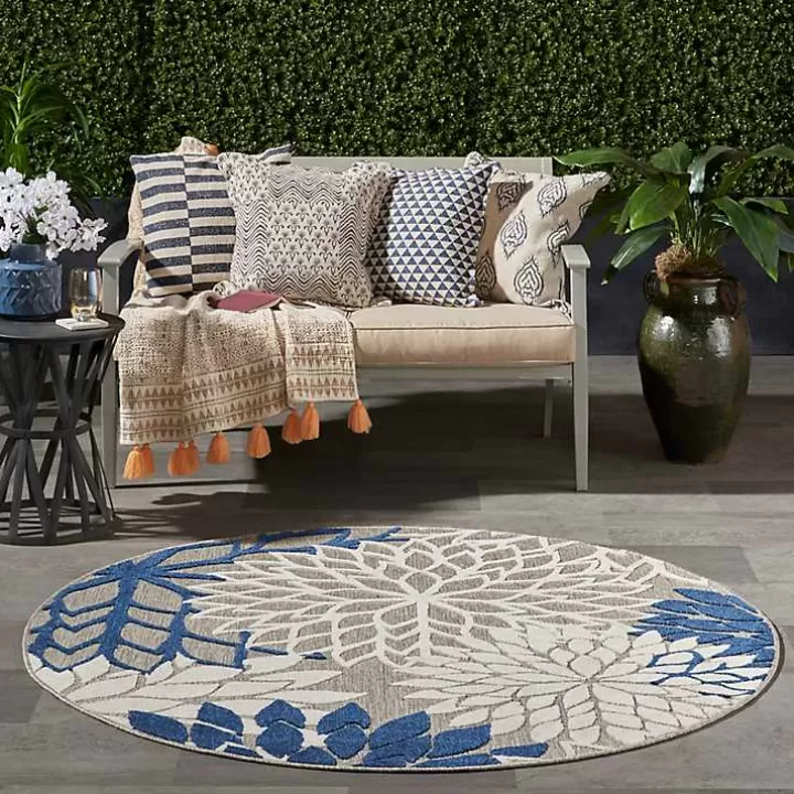 Sale Denim Floral Burst Round Outdoor Area Rug Outdoor Rugs