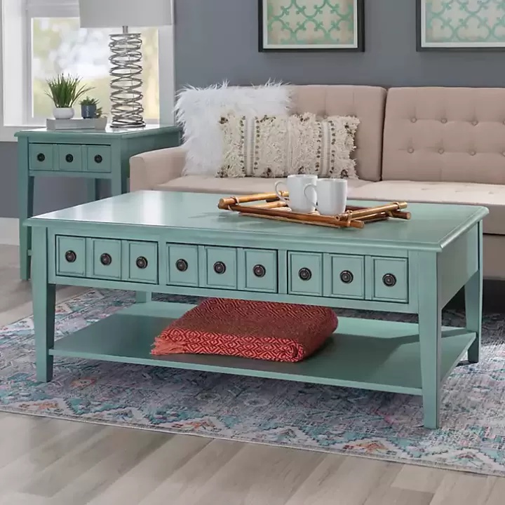 Online Distressed Turquoise Wood 3-Drawer Coffee Table Coffee Tables