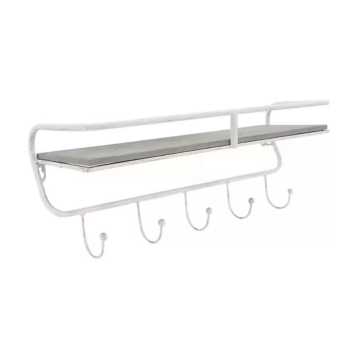 Store Distressed White Metal Wall Shelf with Hooks Hooks