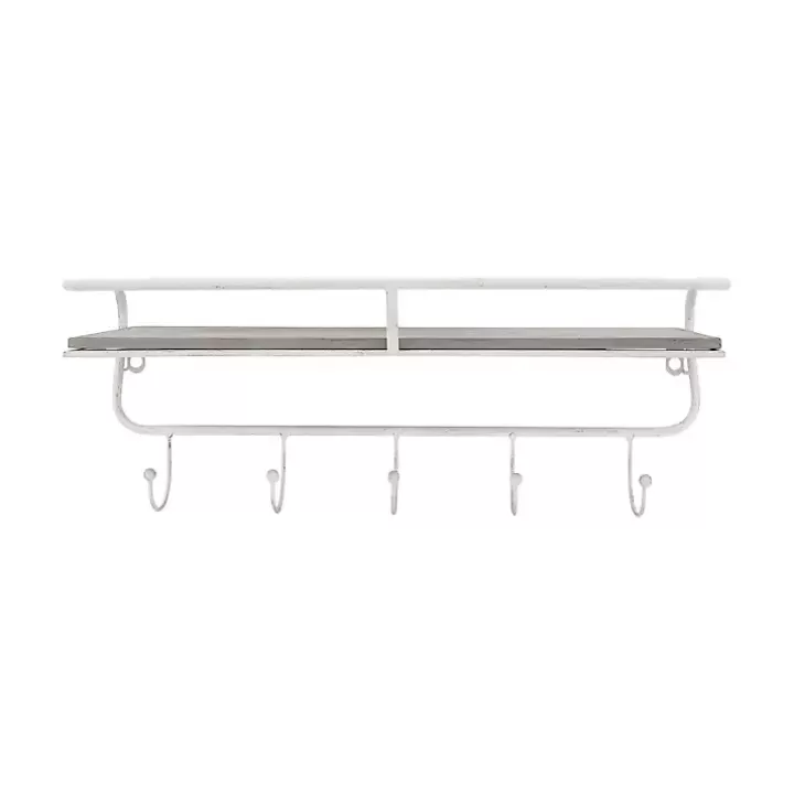 Store Distressed White Metal Wall Shelf with Hooks Hooks