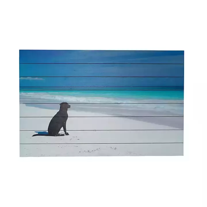 New Dog on Beach Slatted Wood Art Print Wall Plaques