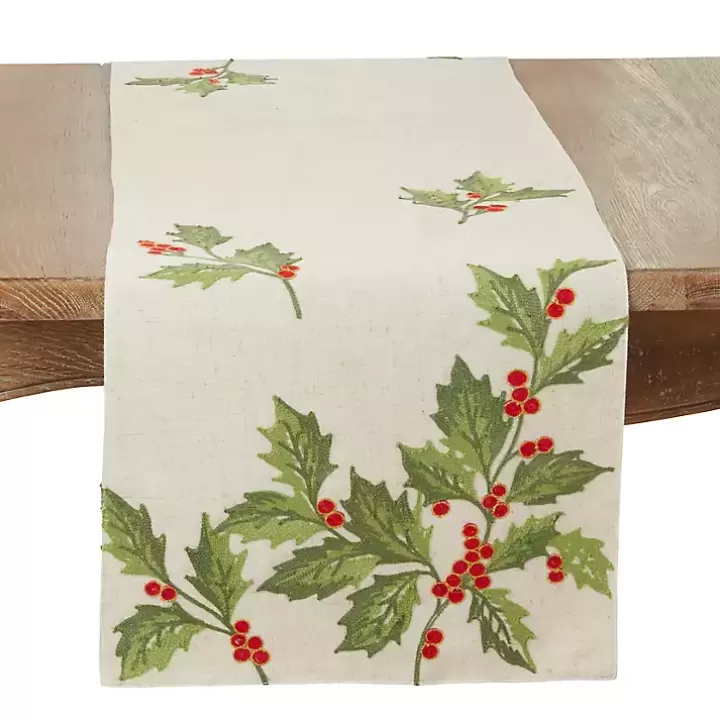 Clearance Evergreen Holly Leaves Cotton Runner Table Linens