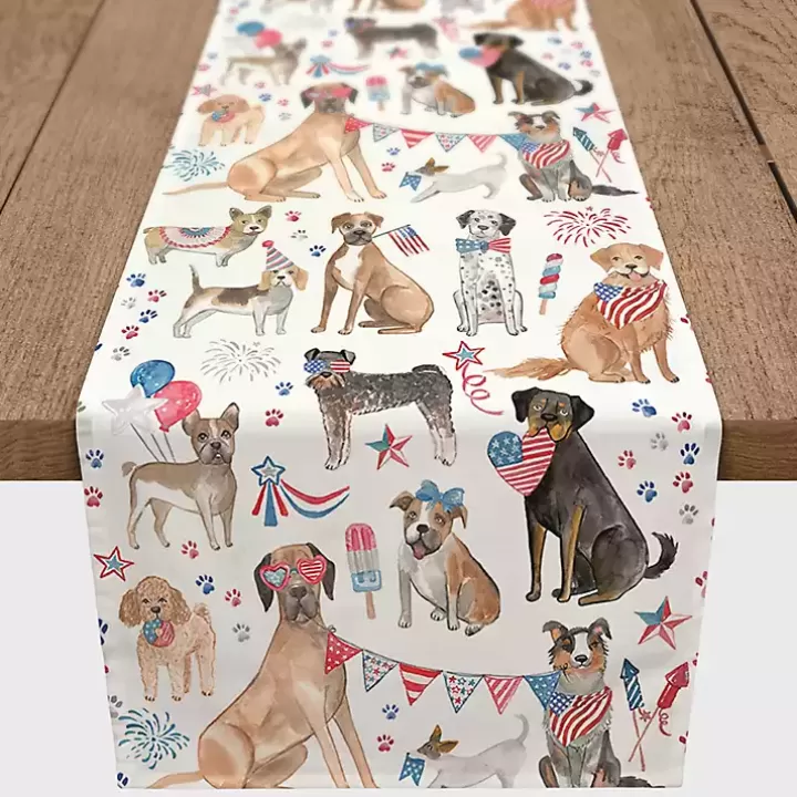 Clearance Fourth of July Patriotic Pups Table Runner, 72 in. Table Linens