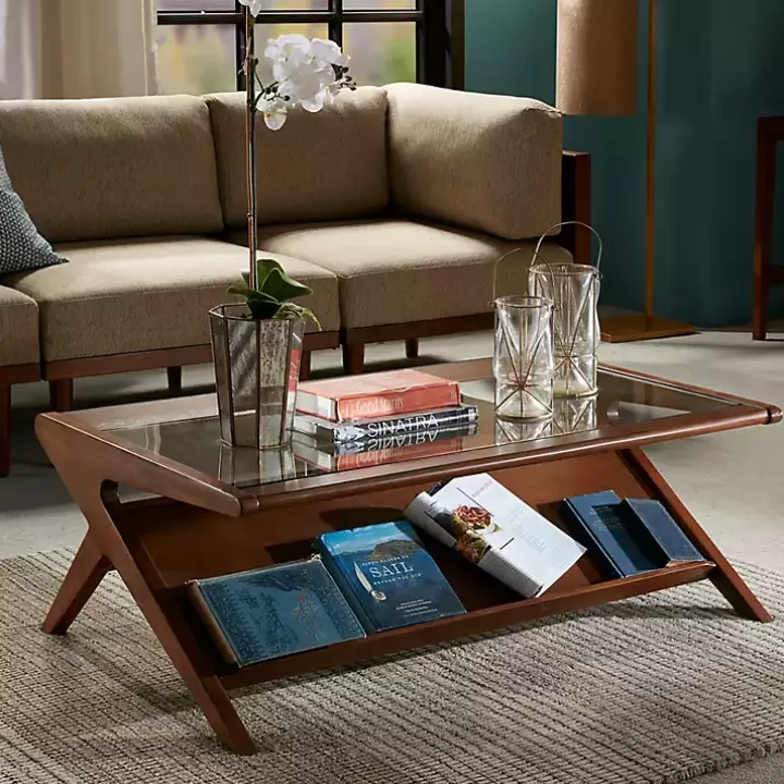 Online Glass and Walnut Wood Angled Coffee Table Coffee Tables