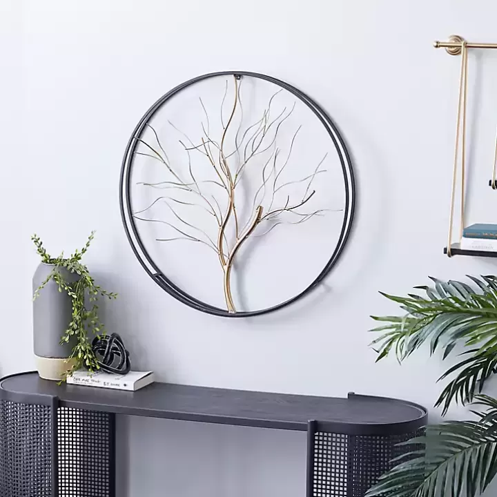 Sale Gold Iron Leaf-Less Tree Round Frame Wall Plaque Wall Plaques