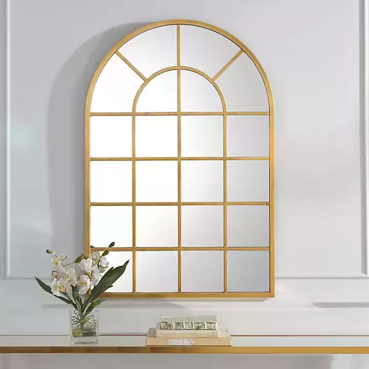Online Gold Leaf Metal Windowpane Arch Frame Mirror Decorative Mirrors