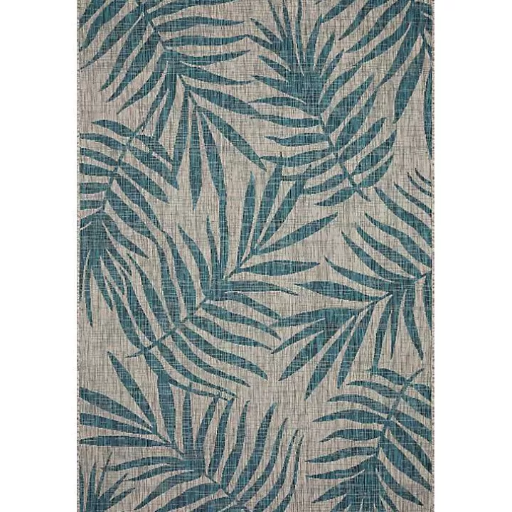Store Gray and Aqua Palm Leaves Outdoor Area Rug, 7x10 Outdoor Rugs