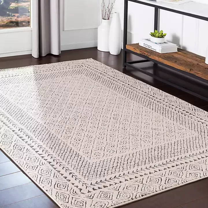 Fashion Gray and Cream Border Harrah Area Rug, 5x7 Area Rugs