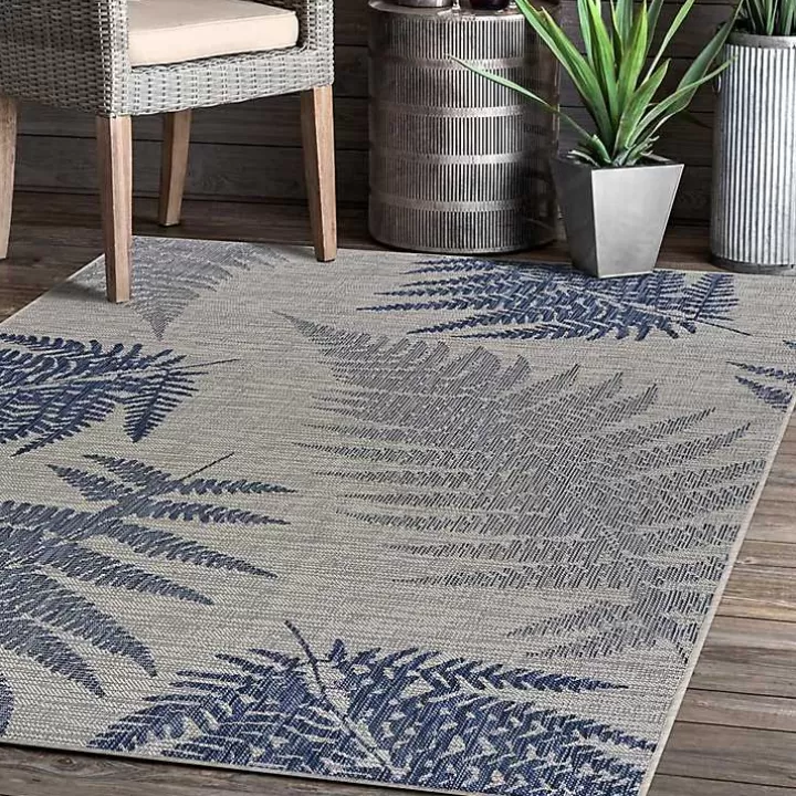 Sale Gray and Navy Falling Ferns Outdoor Area Rug, 5x7 Outdoor Rugs
