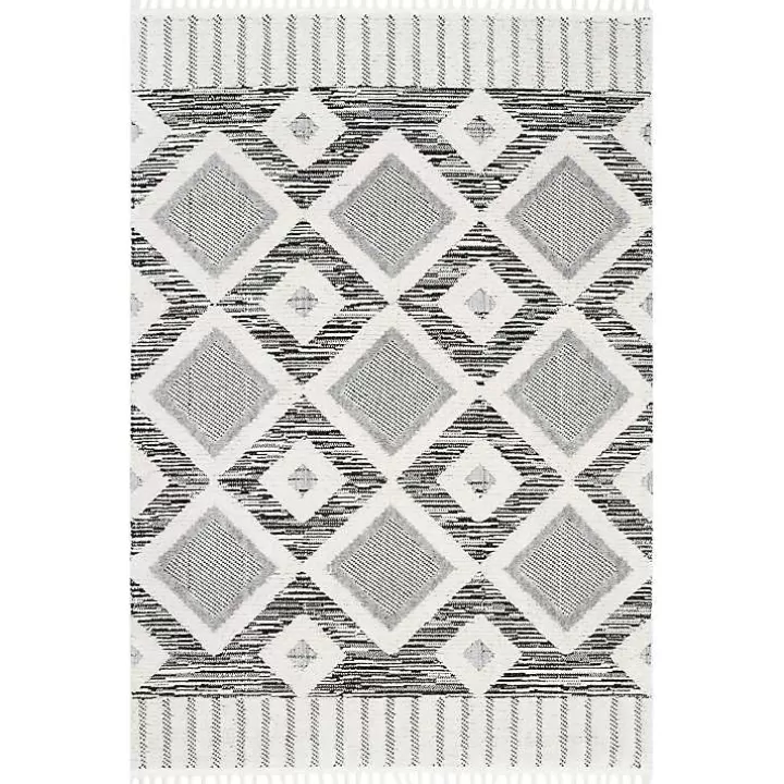 Outlet Gray Checkered Tiles Area Rug with Tassels, 5x7 Area Rugs