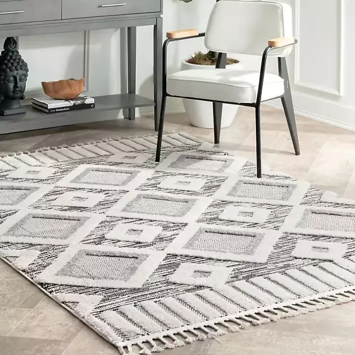 Outlet Gray Checkered Tiles Area Rug with Tassels, 5x7 Area Rugs