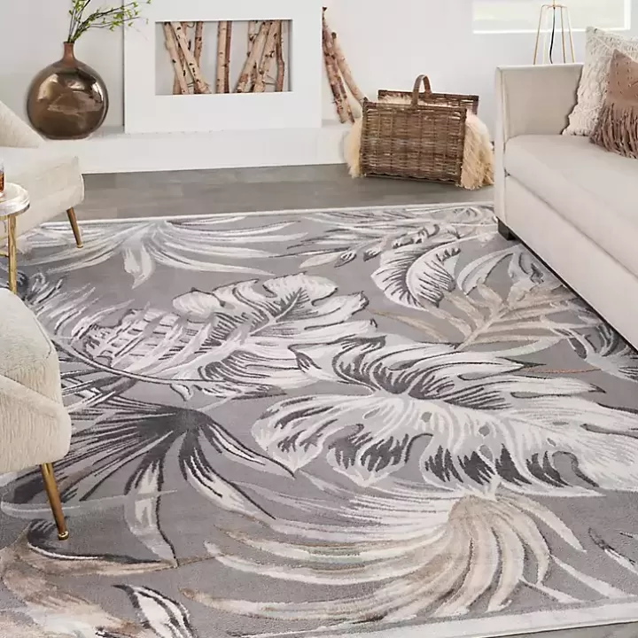 New Gray Grand Leaf Coastal Area Rug, 7x9 Area Rugs