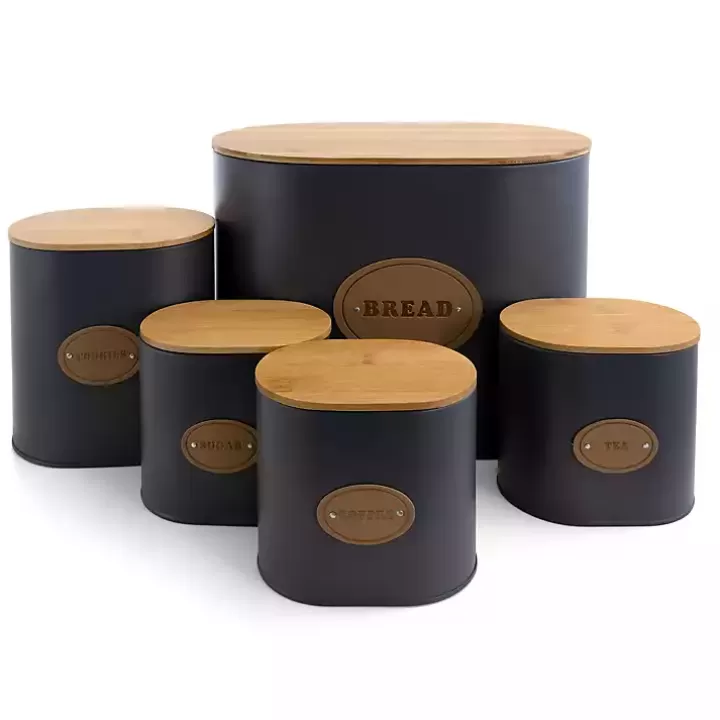 Sale Metal and Bamboo Label Canisters, Set of 5 Kitchen Storage