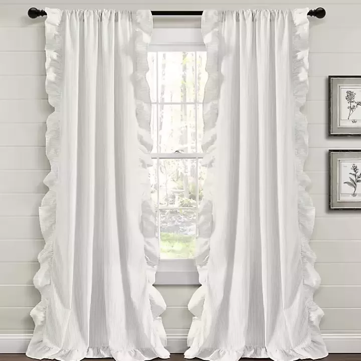 Sale Gray Stripe Ruffled Curtain Panel Set, 84 in. Curtains & Drapes