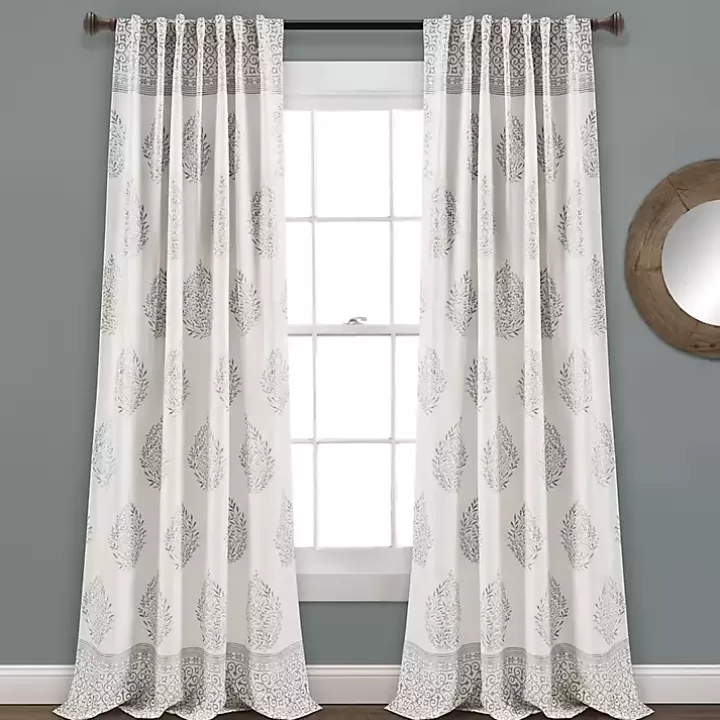 Online Gray Teardrop Leaves Curtain Panel Set, 95 in. Curtains & Drapes