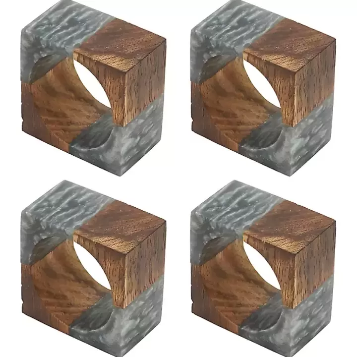 Hot Gray Wood and Resin Square Napkin Rings, Set of 4 Table Linens