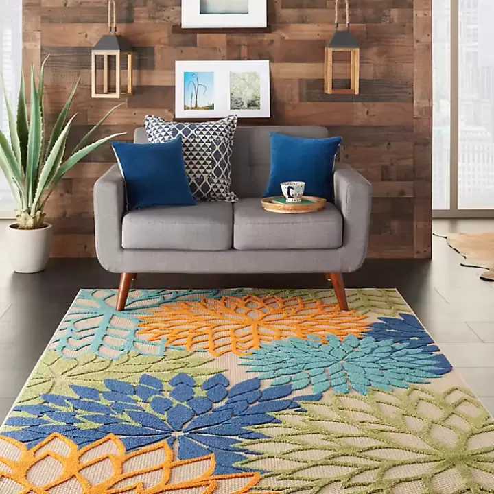 Online Green and Blue Floral Burst Outdoor Area Rug, 6x9 Outdoor Rugs