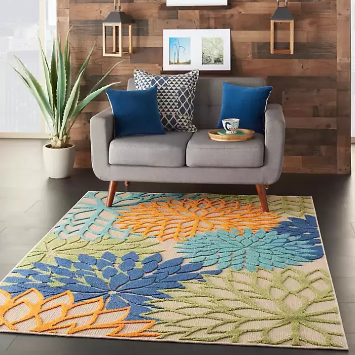 Online Green and Blue Floral Burst Outdoor Area Rug, 6x9 Outdoor Rugs