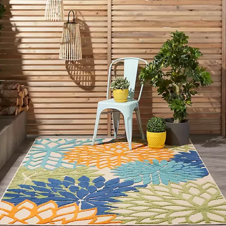 Online Green and Blue Floral Burst Outdoor Area Rug, 6x9 Outdoor Rugs