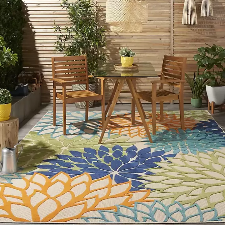 Online Green and Blue Floral Burst Outdoor Area Rug, 6x9 Outdoor Rugs