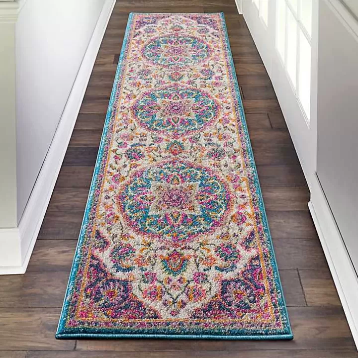 New Ivory & Multi Floral Medallion Runner, 2x10 Area Rugs