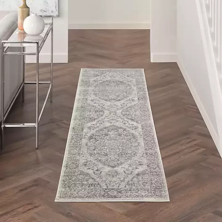 Clearance Ivory and Gray Oushak Medallion Runner, 2x7 Area Rugs