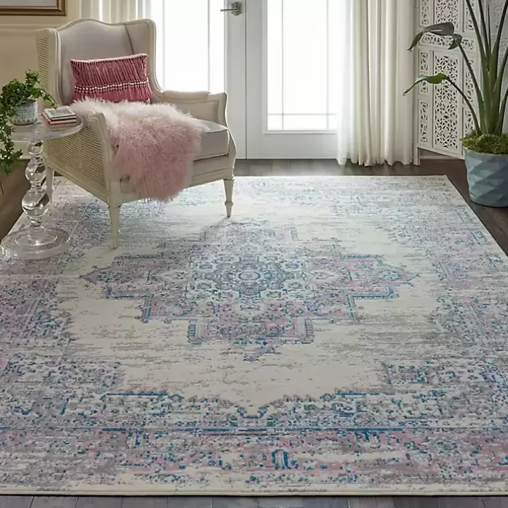 Store Ivory and Pink Central Medallion Area Rug, 7x9 Area Rugs