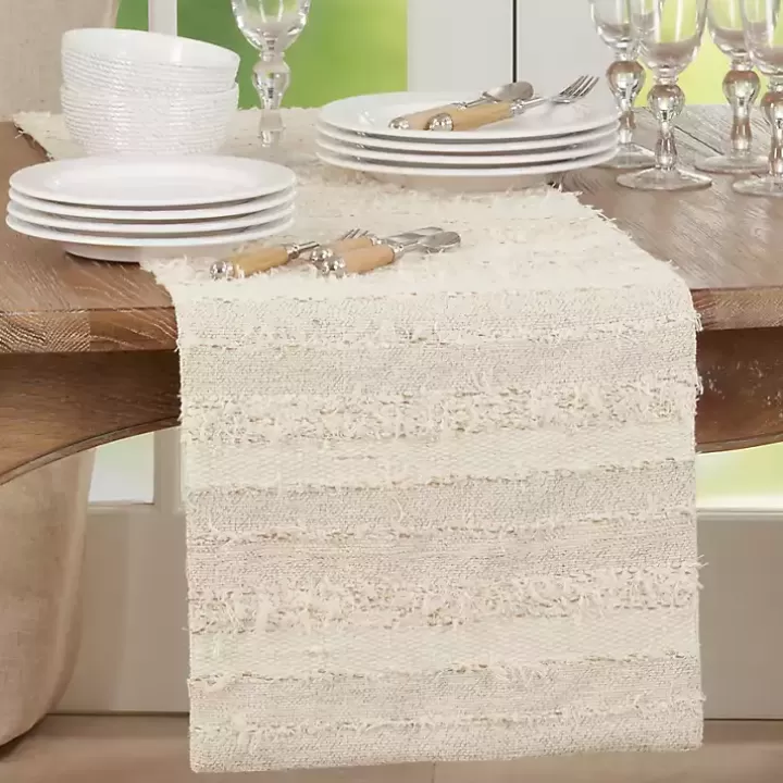 Outlet Ivory and Sand Textured Stripe Table Runner Table Linens