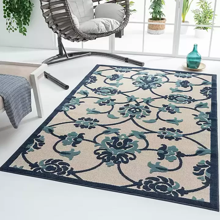 Discount Lyla Blue Floral Damask Indoor/Outdoor Rug, 5x8 Outdoor Rugs
