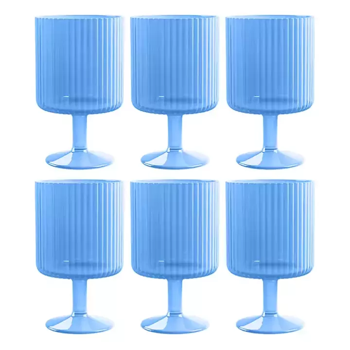 Best Sale Matte Azure Ribbed Goblet Glasses, Set of 6 Glassware & Drinkware