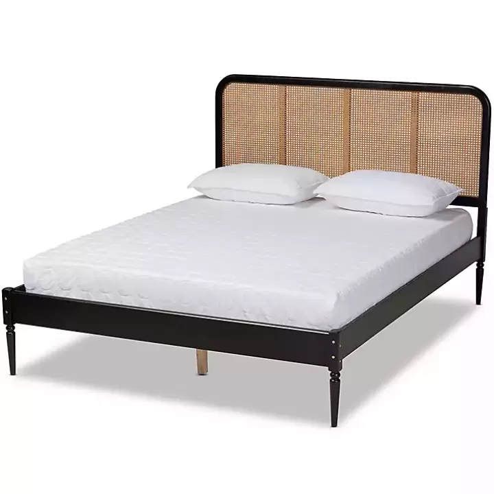 Online Mid-Century Black Wood Rattan Queen Platform Bed Beds & Headboards