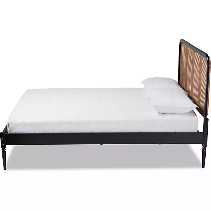 Online Mid-Century Black Wood Rattan Queen Platform Bed Beds & Headboards