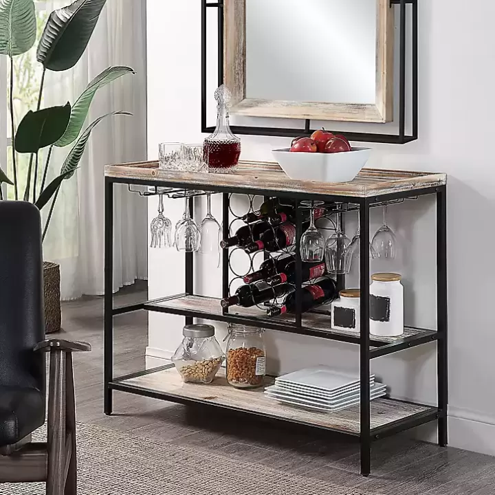 Outlet Natural Wood & Black Metal Wine Rack Console Table Console Tables