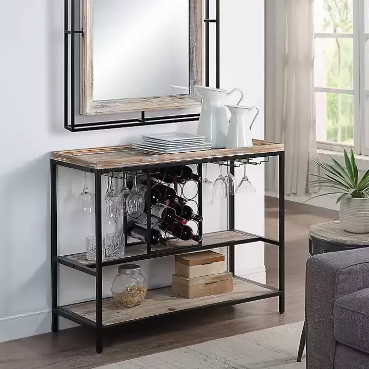 Outlet Natural Wood & Black Metal Wine Rack Console Table Console Tables