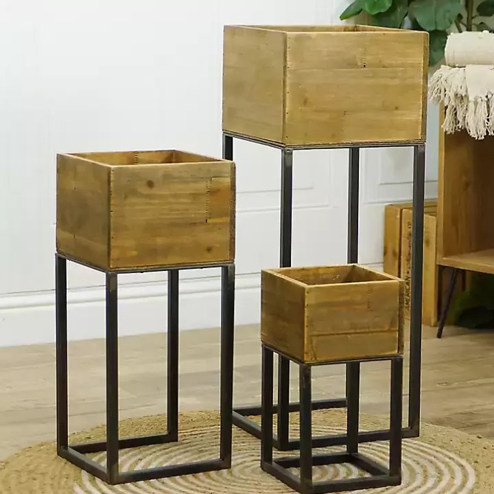 Online Natural Wood with Metal Base Planters, Set of 3 Planters