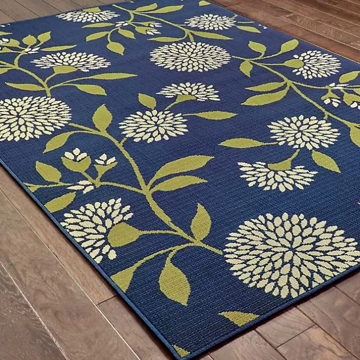 Sale Navy and Green Floral Vine Outdoor Area Rug, 5x7 Outdoor Rugs