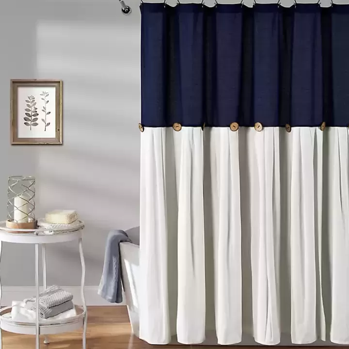 Sale Navy and White Button Accent Linen Shower Curtain Shower Curtains