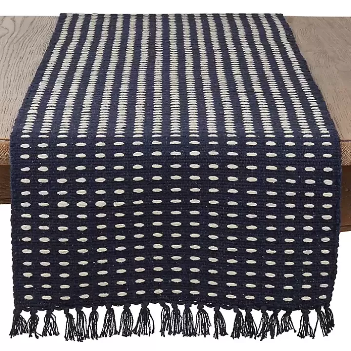 New Navy Blue Tasseled Woven Dash Table Runner Table Linens