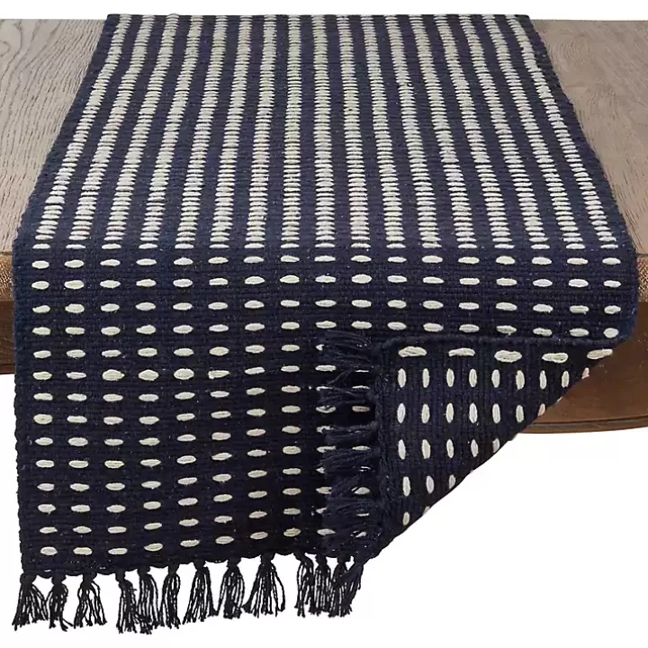 New Navy Blue Tasseled Woven Dash Table Runner Table Linens