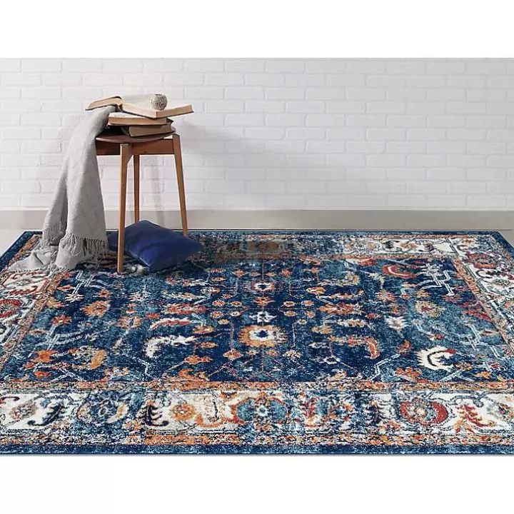 Flash Sale Navy Bordered Pattern Area Rug, 7x9 Area Rugs