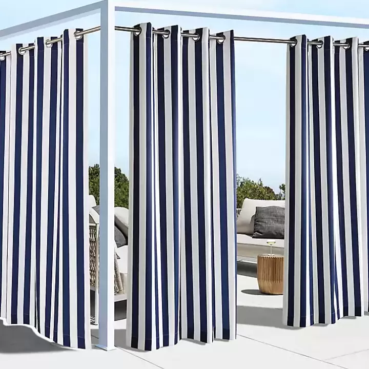 Sale Navy Coastal Stripe Outdoor Curtain Panel, 96 in. Outdoor Curtains