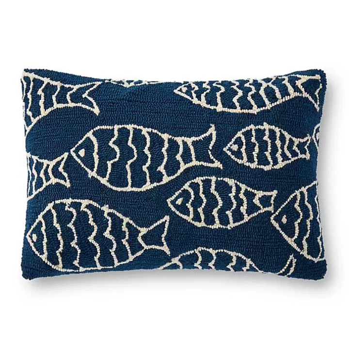 Fashion Navy Embroidered Fish Outdoor Lumbar Pillow Outdoor Cushions & Pillows