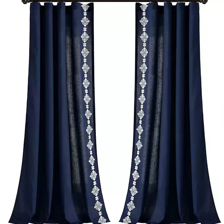 Online Navy Geometric Border Curtain Panel, 84 in. Curtains & Drapes