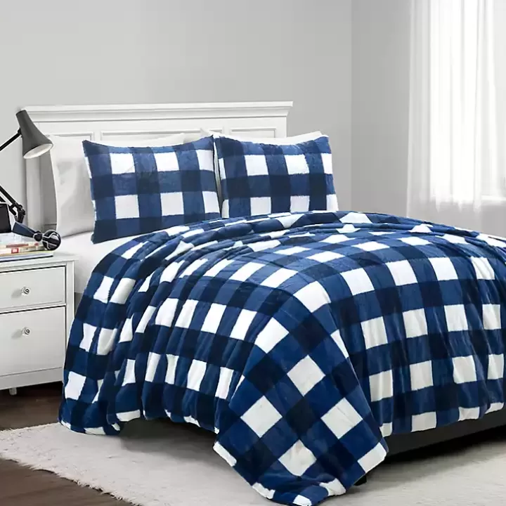 Cheap Navy Plaid Faux Fur 3-pc. King Comforter Set Comforters